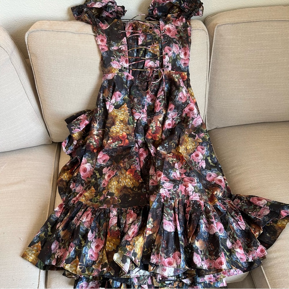 BEST NEW Selkie The Genevieve Foxglove Lace Up Midi Cotton Dress - Black Floral - Picture 6 of 13